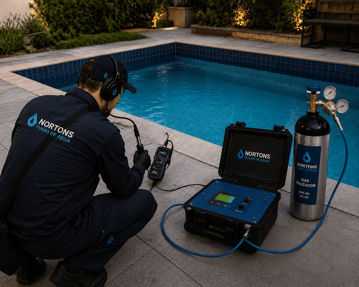 Operario realizando pruebas de presión avanzadas en el sistema de filtración y skimmers para localizar una pérdida de agua en una piscina.