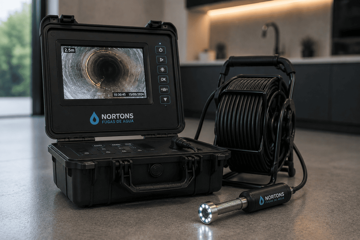 A probe fitted with a high-definition robotic camera inserted into a pipe to inspect for breaks and blockages in downpipes.